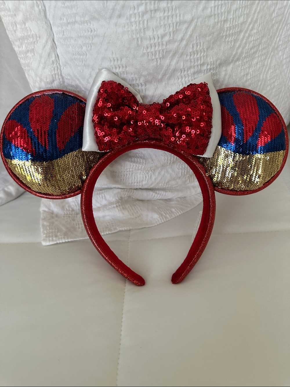 Disney Snow White  Red Sequin Bow Ear Headband with Blue and Gold Accents -